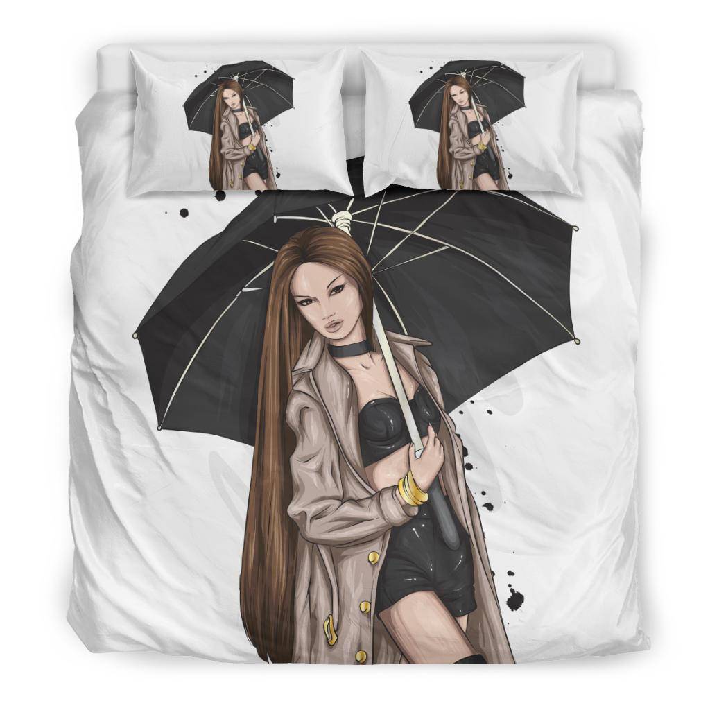 Stylish Brown Girl With Umbrella Cartoon Bedding Set - Top Content | POD Collection | Free Shipping