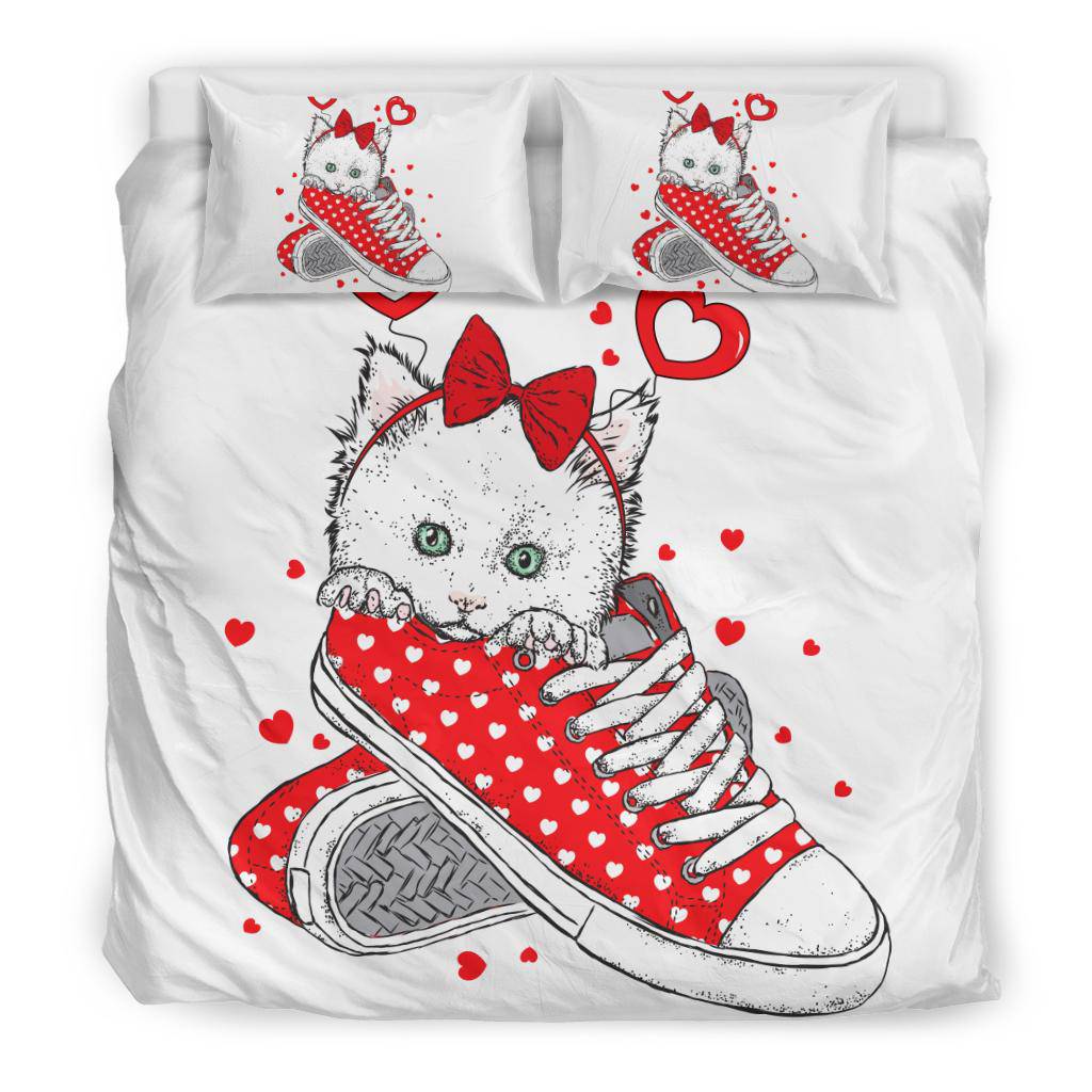 Cute Valentine Kitten In A Sneaker, Cartoon Drawing Bedding Set - Top Content | POD Collection | Free Shipping