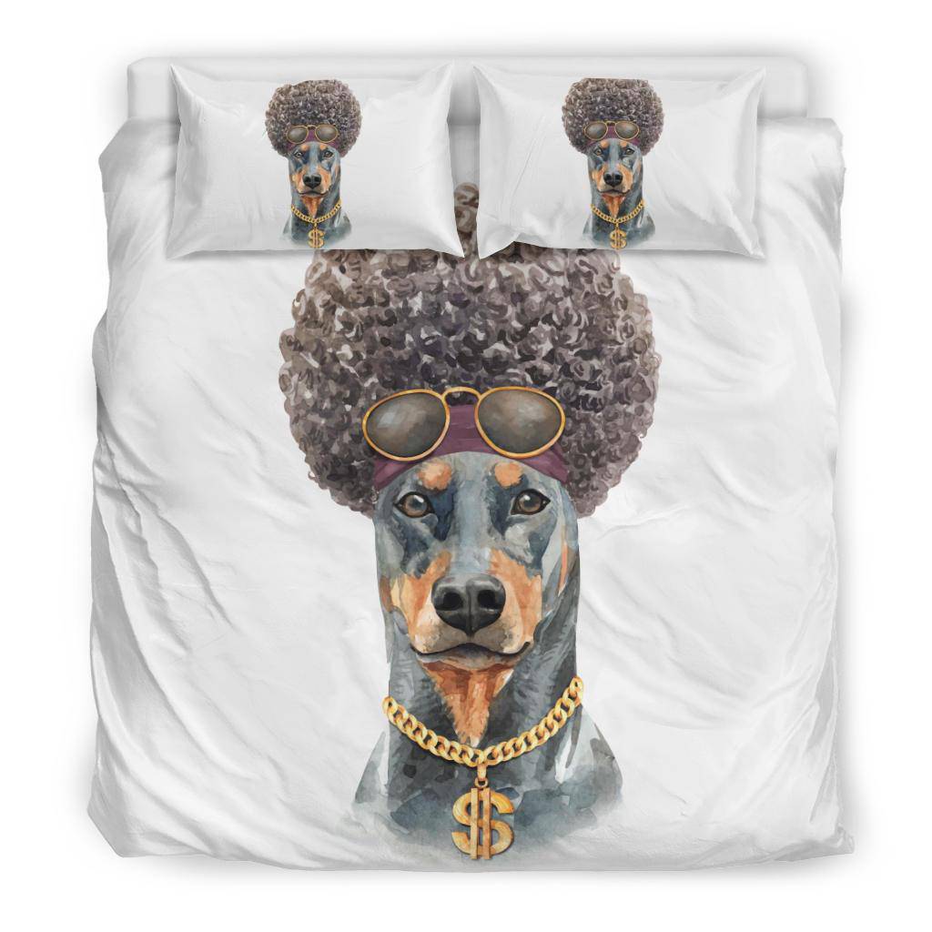 Funny Afro Doberman Bedding Set, Watercolor Dog Portrait Drawing - Top Content | POD Collection | Free Shipping