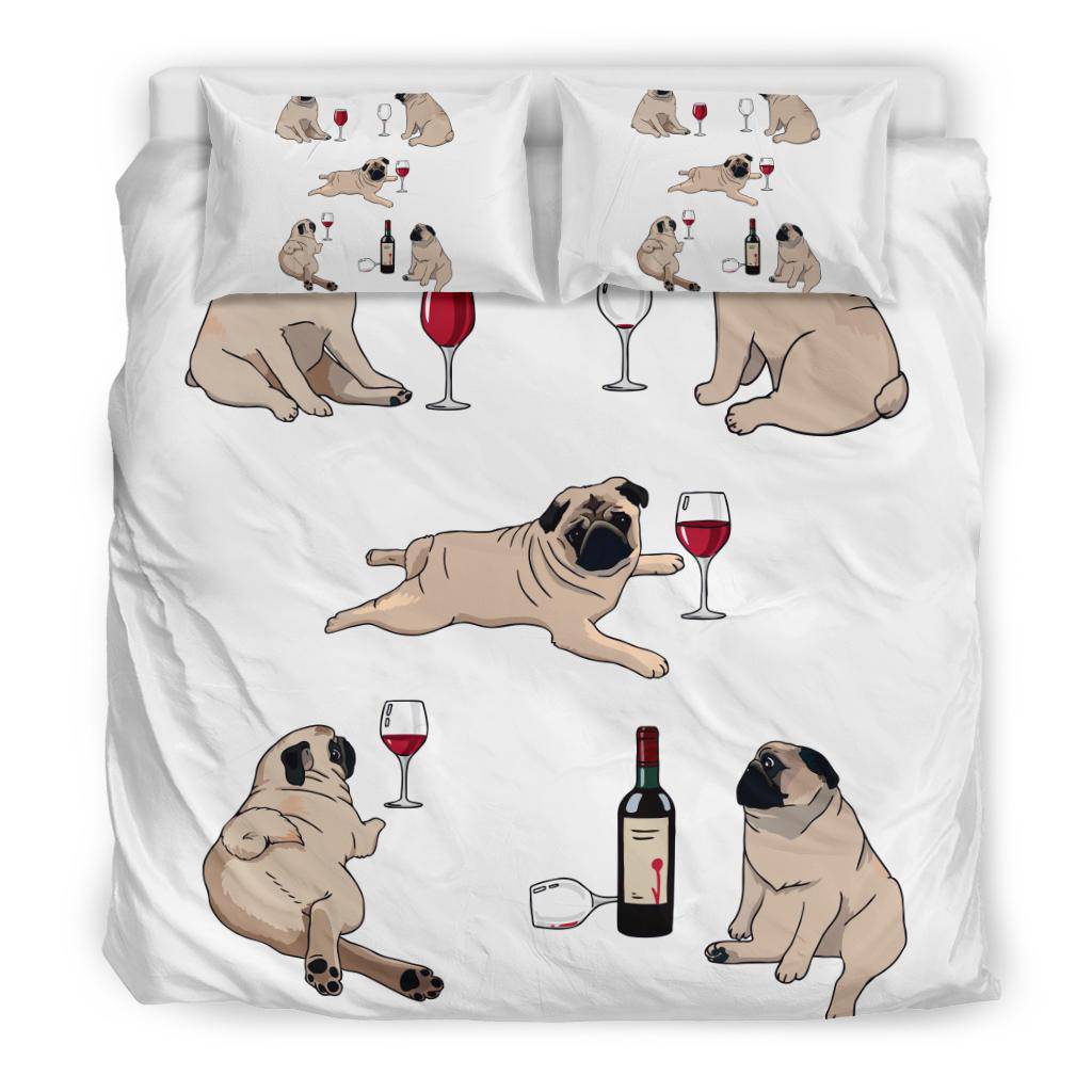 Funny Pug Posing With Bottle of Wine Cartoon Style Bedding Set - Top Content | POD Collection | Free Shipping