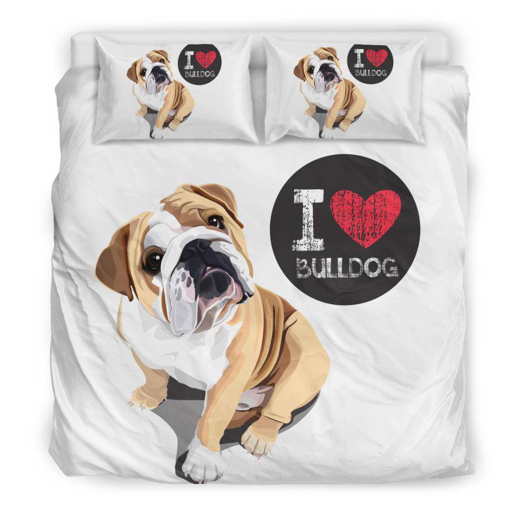 I Love Bulldog, Cute Dog Cartoon Illustration Bedding Set - Top Content | POD Collection | Free Shipping