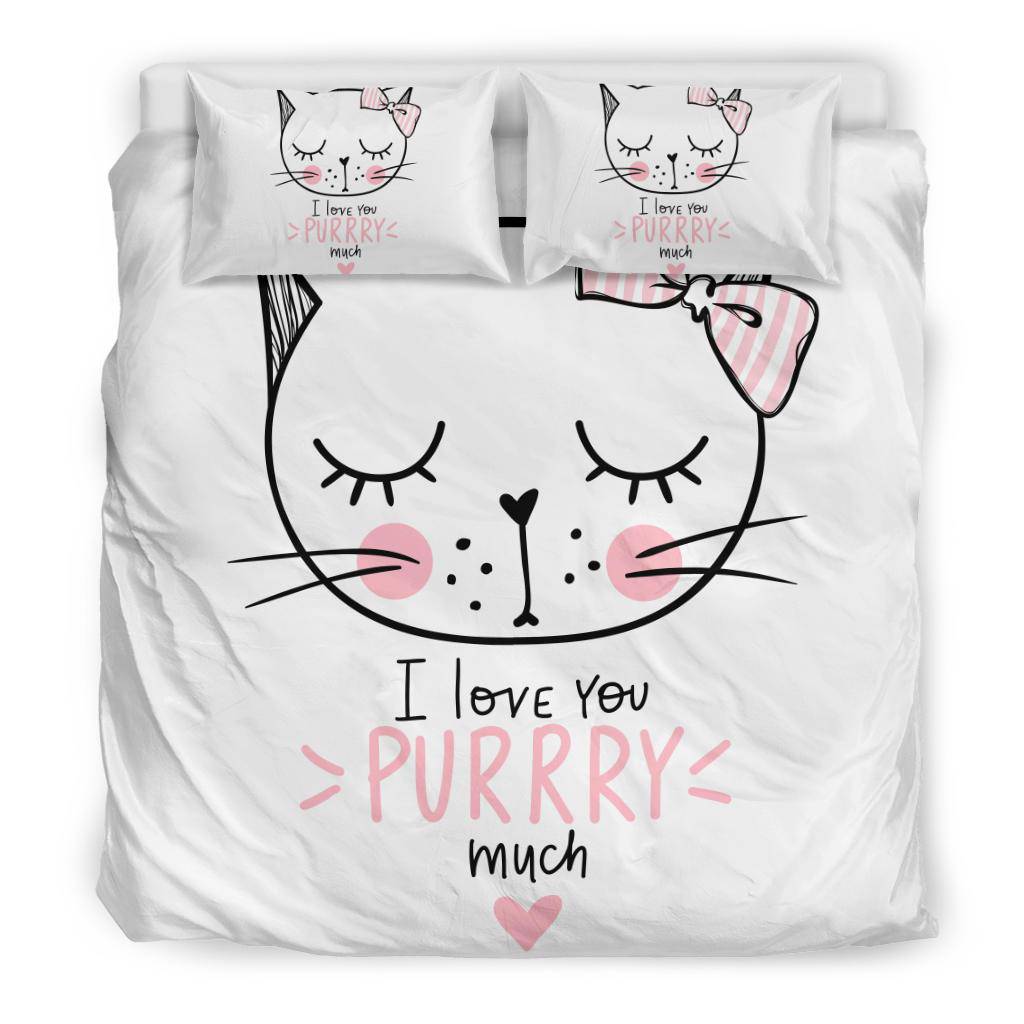 Cute Pink Cat Cartoon Drawing Bedding Set, I Love You Purrry Much - Top Content | POD Collection | Free Shipping