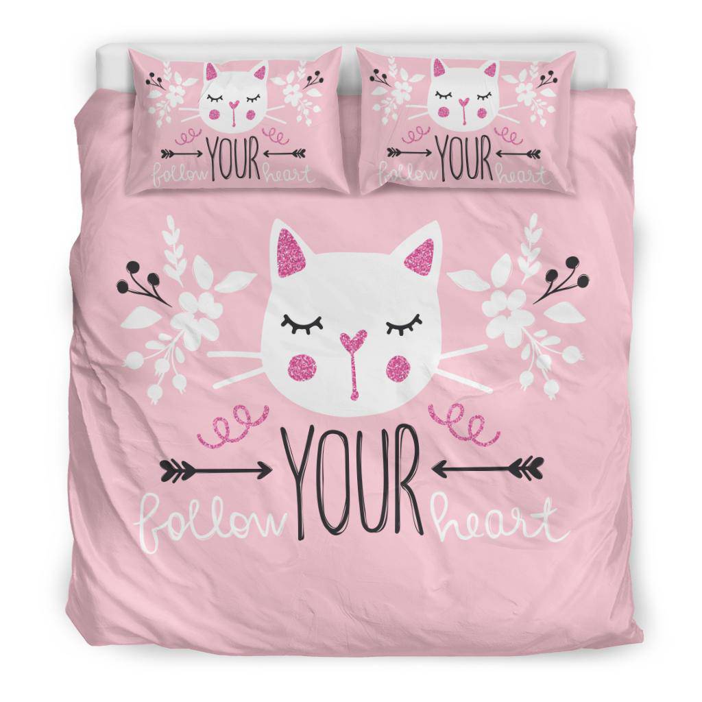 Girly Cute Cat Vector Illustration Bedding Set, Follow Your Heart - Top Content | POD Collection | Free Shipping