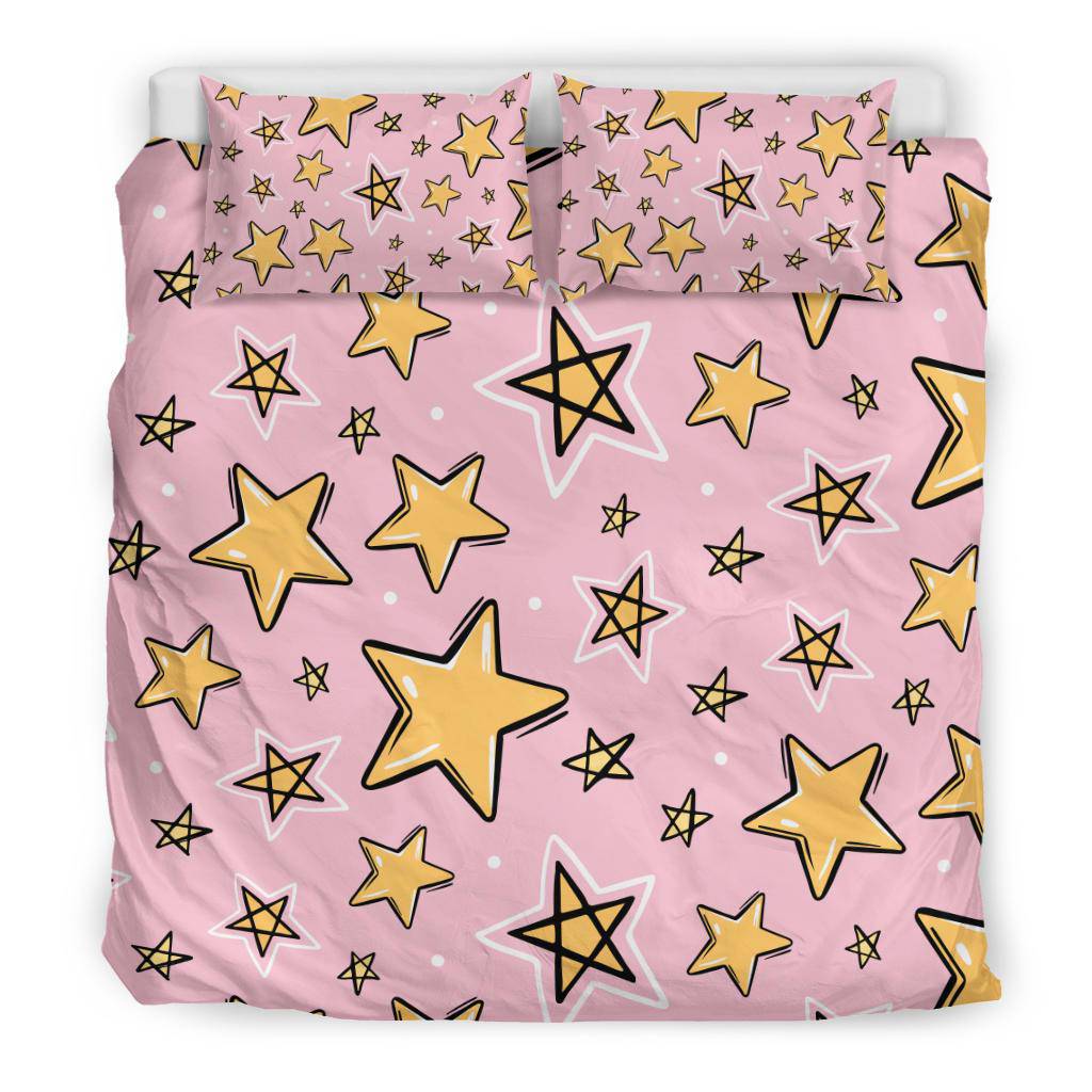 Hand Drawn Yellow Stars, Pink Seamless Pattern Bedding Set - Top Content | POD Collection | Free Shipping