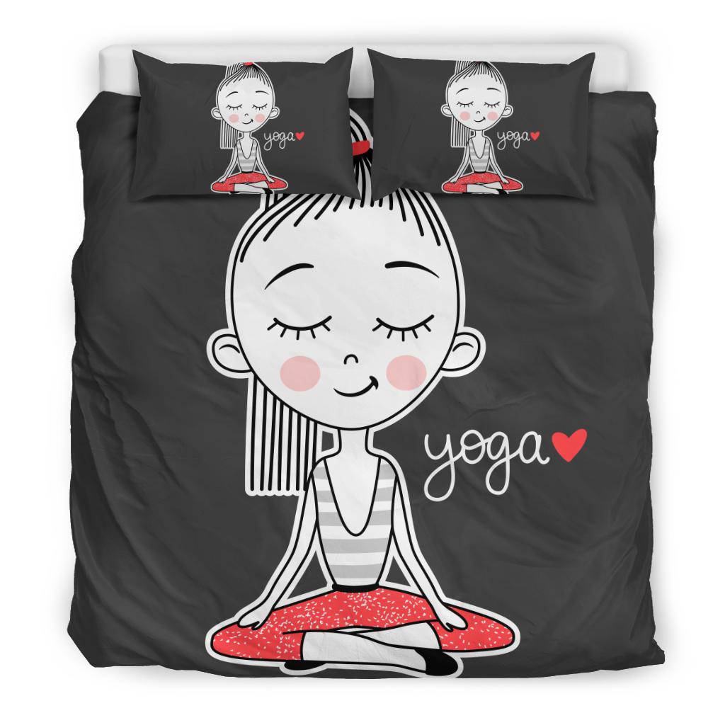 I Love Yoga, Cut Girl Doing Yoga, Lotus Position Cartoon Bedding Set - Top Content | POD Collection | Free Shipping