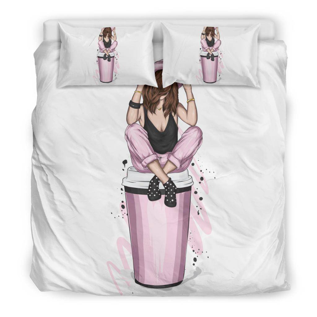 Girl with Stylish Pink Clothes and a Cup of Coffee Bedding Set - Top Content | POD Collection | Free Shipping