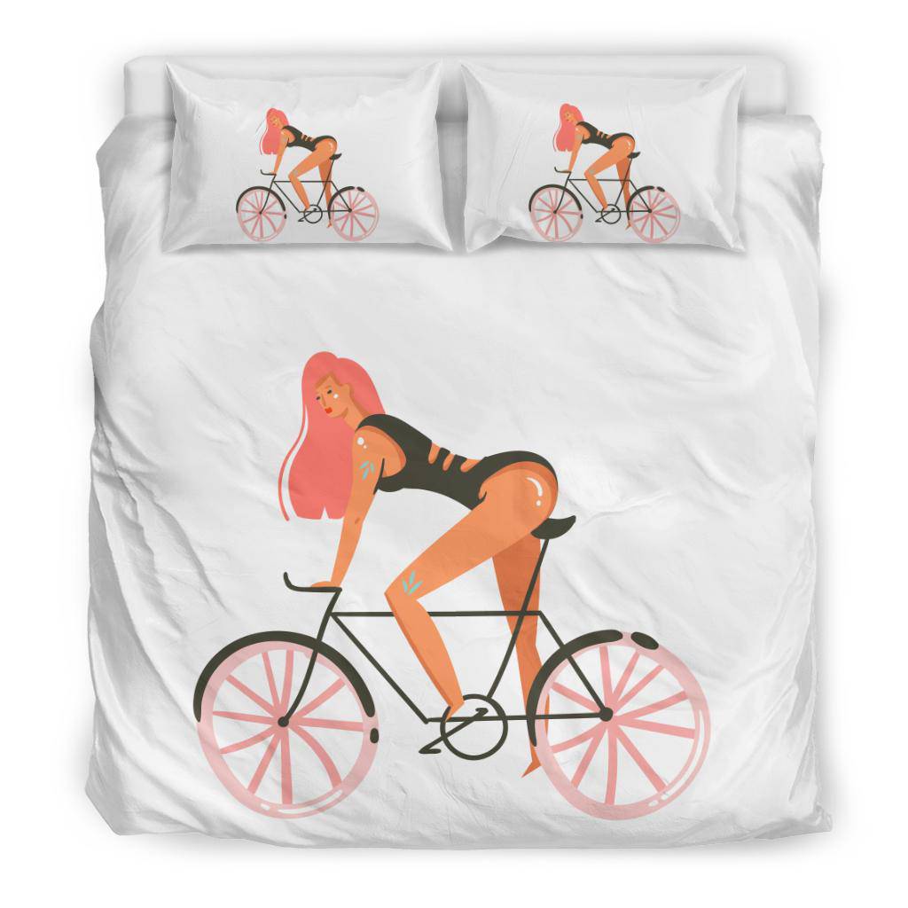 Hand Drawn Cartoon Girl with Bicycle Summer Vibes Bedding Set - Top Content | POD Collection | Free Shipping