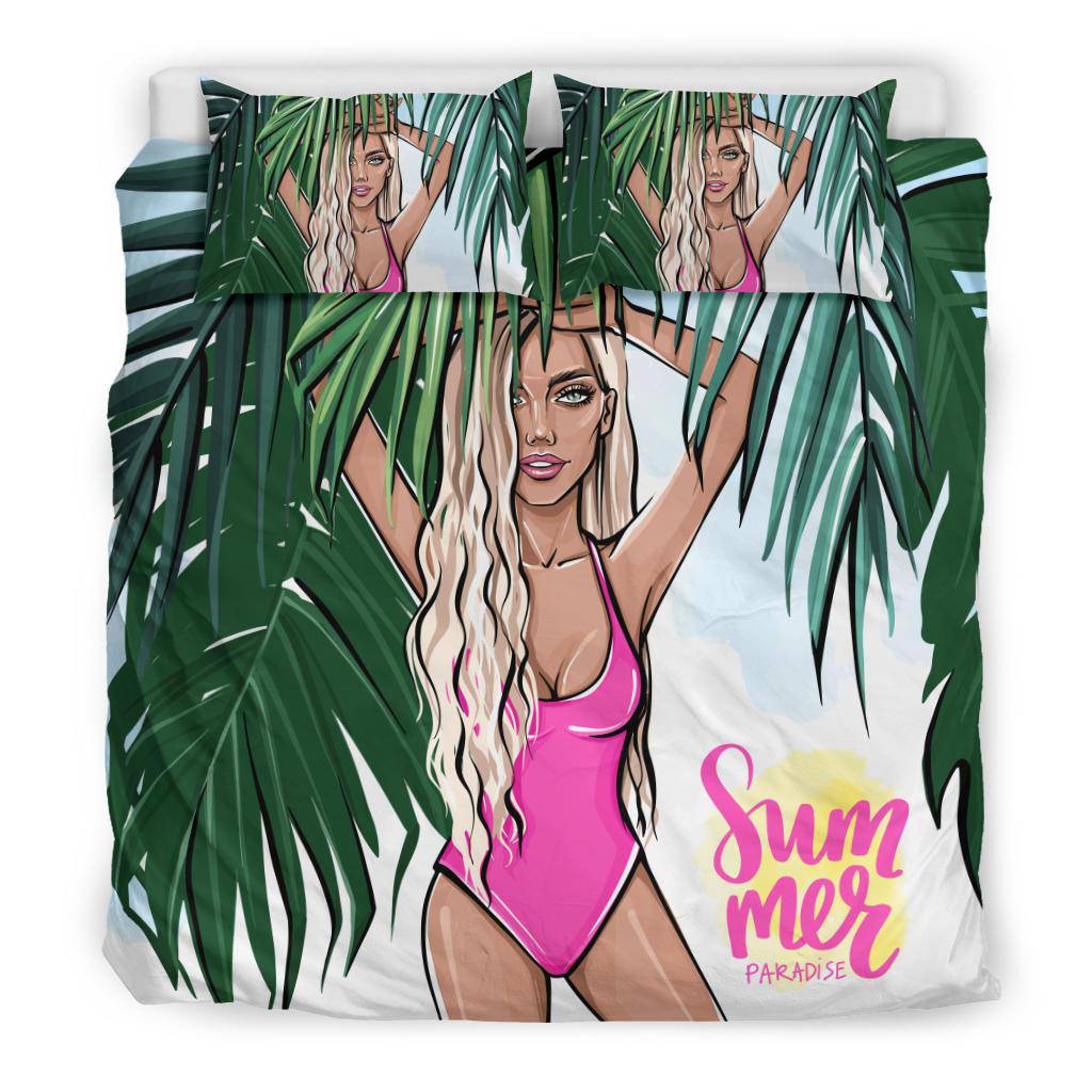 Summer Blonde Girl Bedding Set, Beach Vibes, Palm Leaves Cartoon - Top Content | POD Collection | Free Shipping