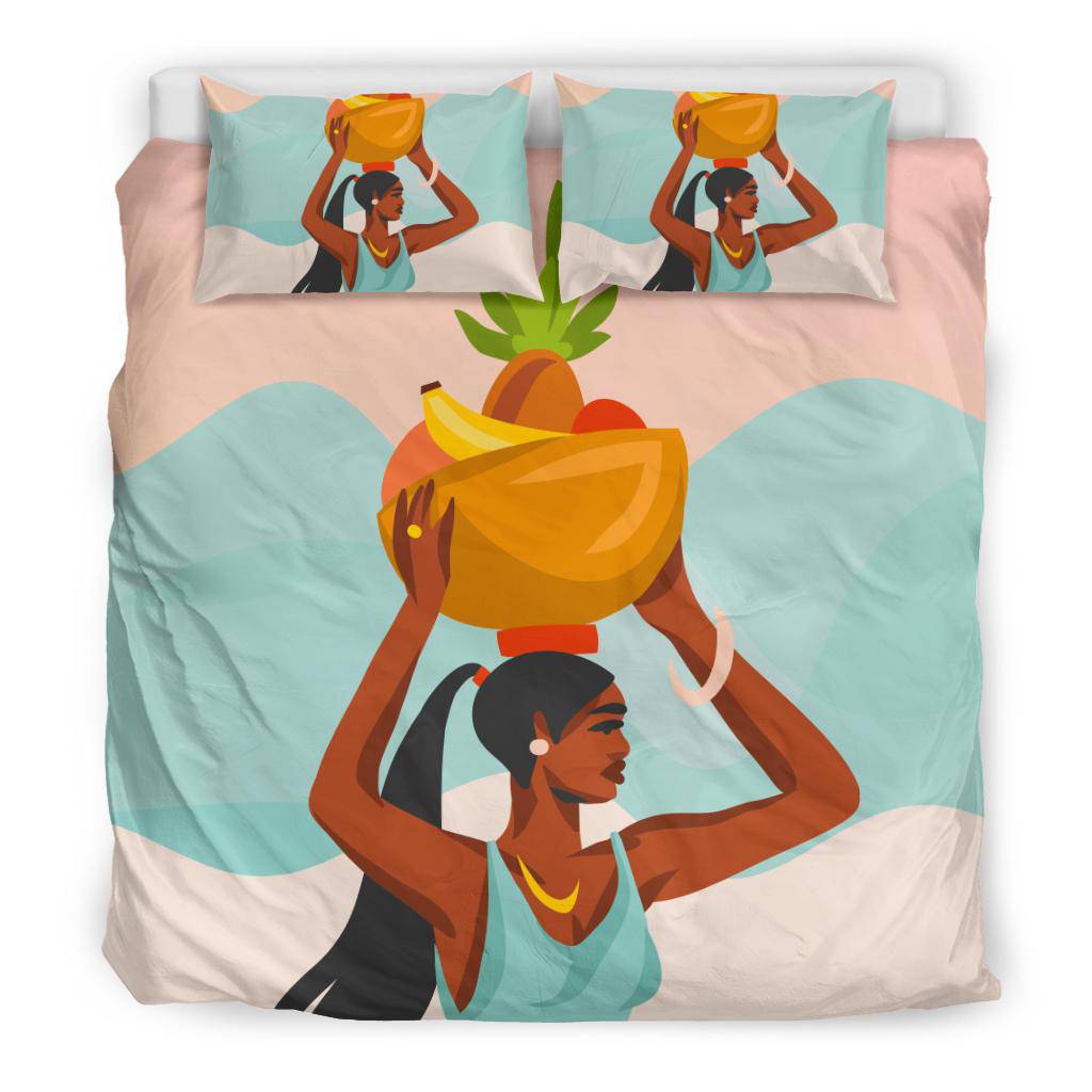 Young Female Carries Basket with Fruits on her Head, Hand Drawn Bedding Set - Top Content | POD Collection | Free Shipping