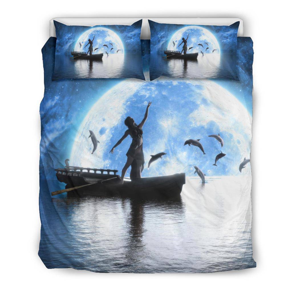 Dancing Woman Dolphins Moon Night Sky Sea Bedding Set - Top Content | POD Collection | Free Shipping