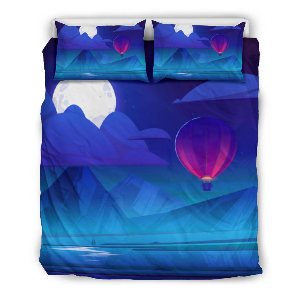 Air Balloon Flying Moonlight Night Sky Clouds Mountains Bedding Set - Top Content | POD Collection | Free Shipping