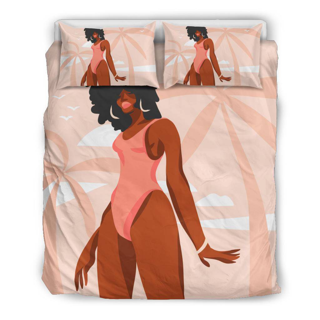 Hand Drawn Afro American Woman Bikini Beach Palms Bedding Set - Top Content | POD Collection | Free Shipping