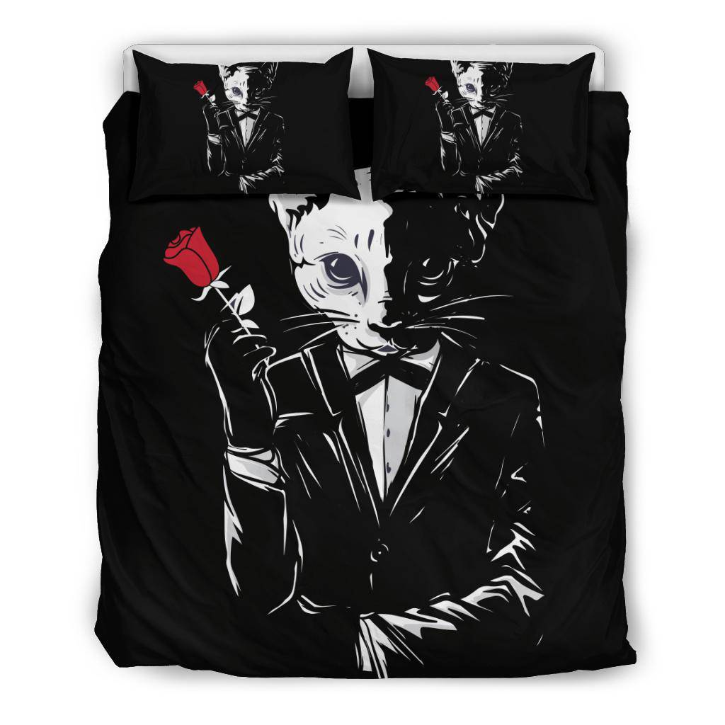 Mafia Gangster Cat Holding Red Rose Black Bedding Set - Top Content | POD Collection | Free Shipping