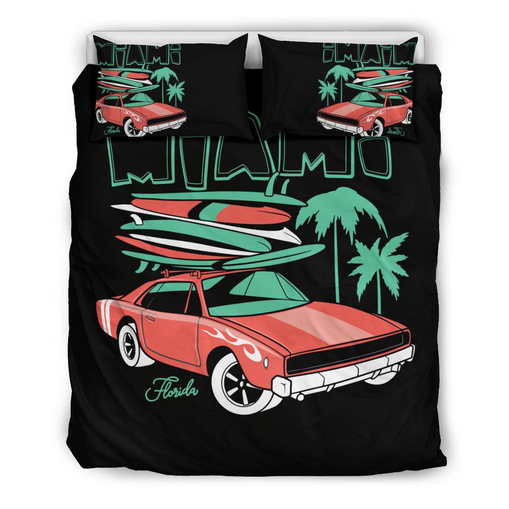 Miami City Red Car Palms Surfing Bedding Set - Top Content | POD Collection | Free Shipping