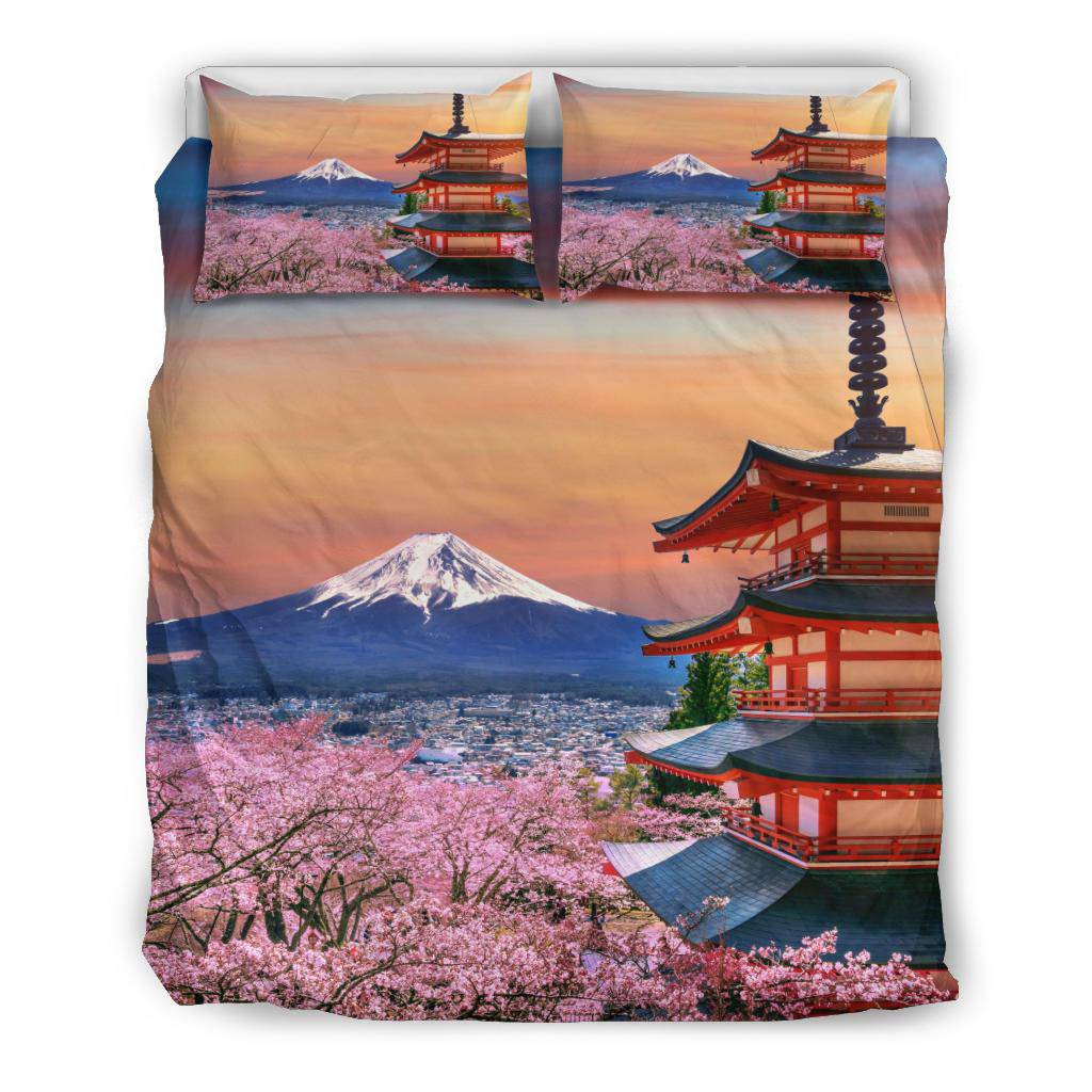 Cherry Blossoms Fuji Japan Sunset Bedding Set - Top Content | POD Collection | Free Shipping