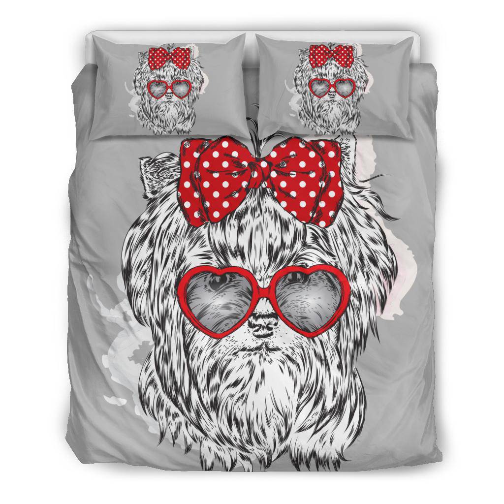 Cute Red Ribbon Yorkshire Terrier With Heart Glasses Bedding Set - Top Content | POD Collection | Free Shipping