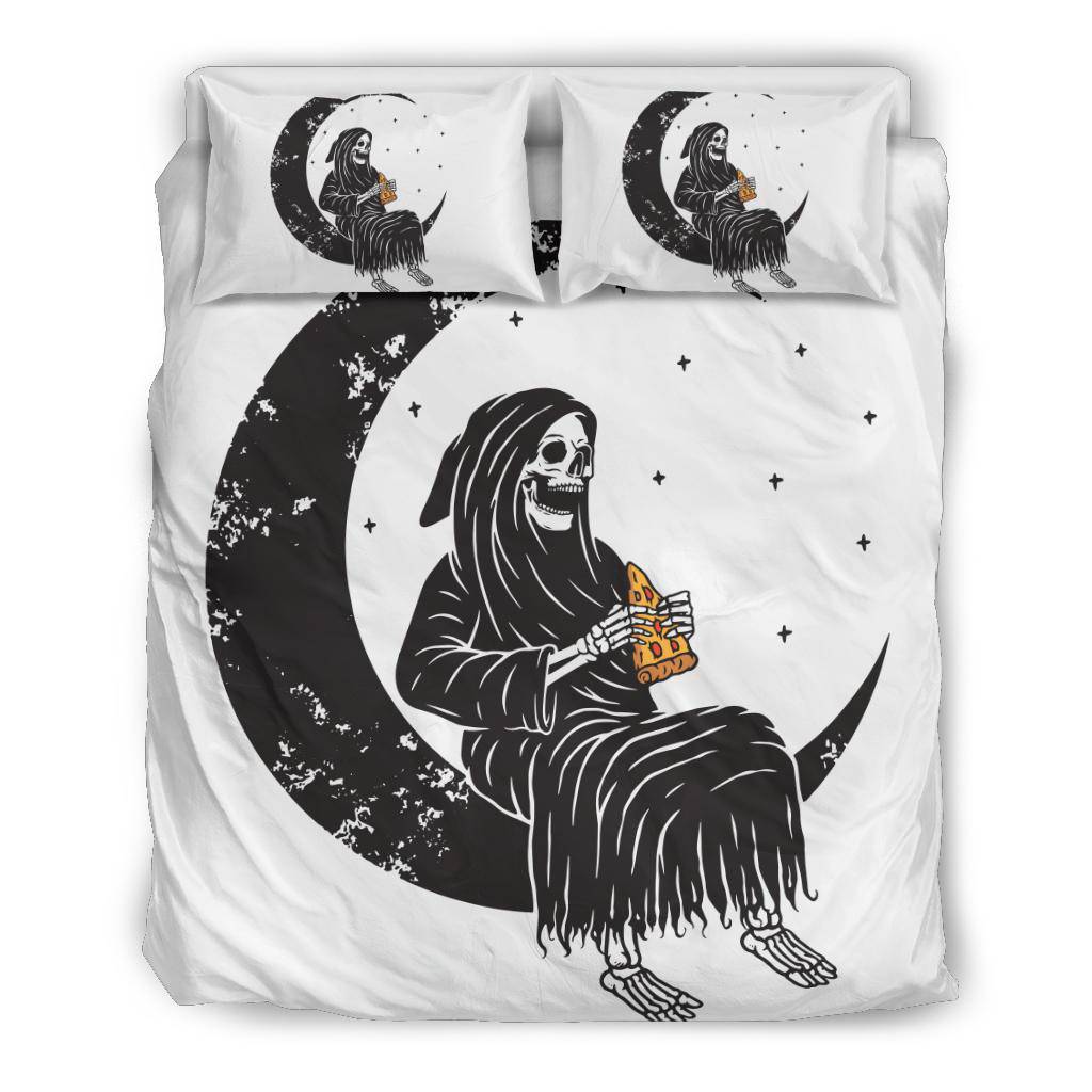 Skull Moon Grim Reaper Eating Pizza Funny Cartoon Bedding Set - Top Content | POD Collection | Free Shipping