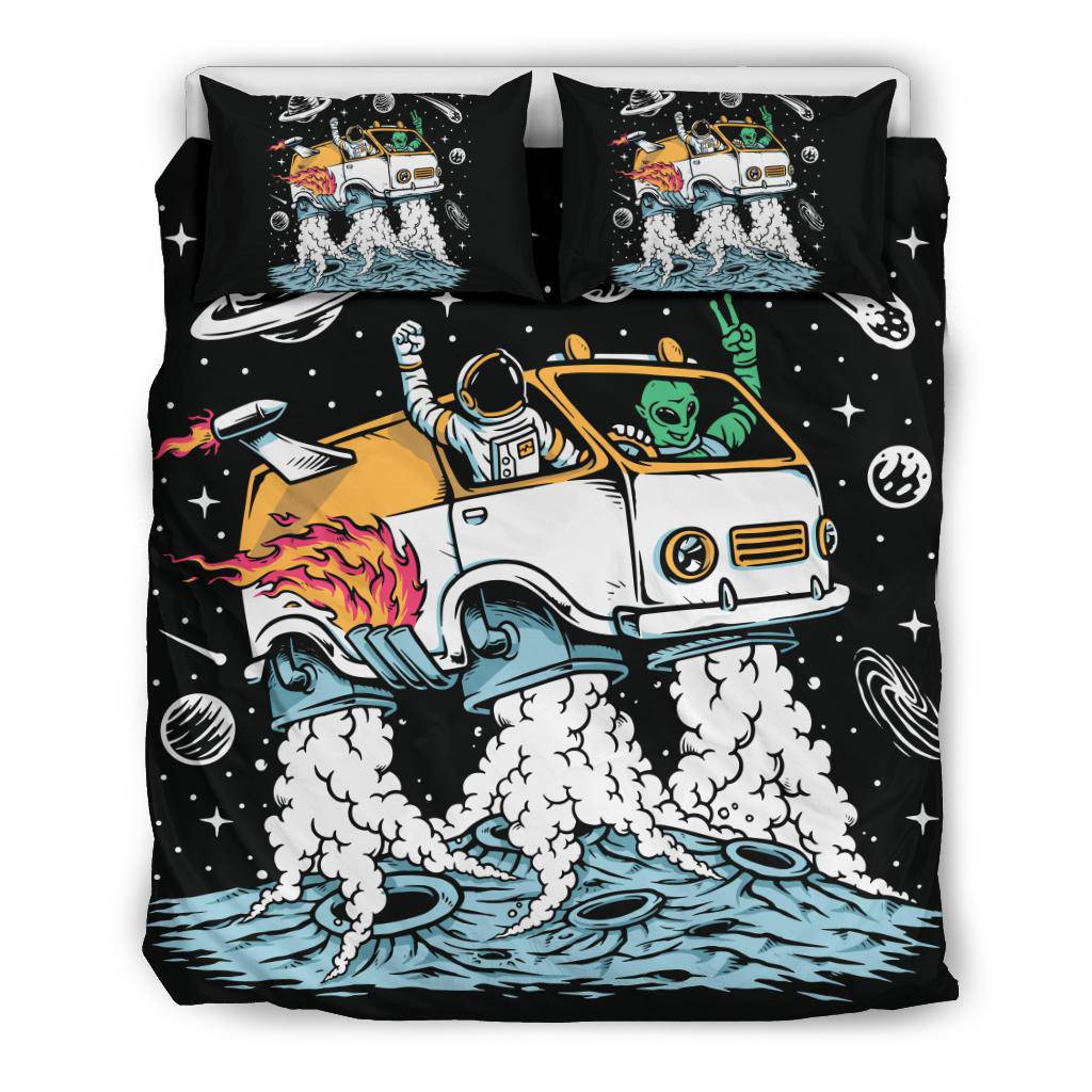 Alien With Astronaut Driving Space Car Cartoon Bedding Set - Top Content | POD Collection | Free Shipping