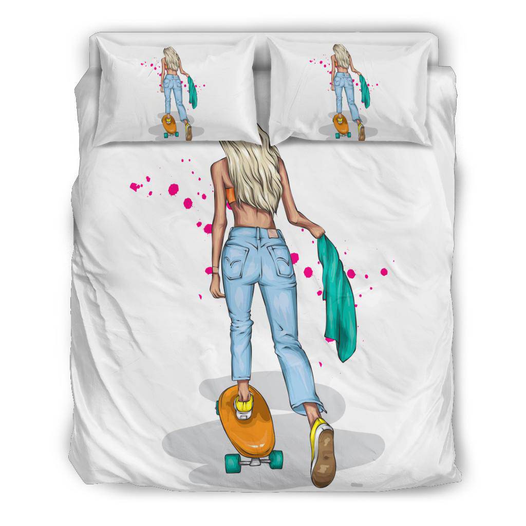 Cute Blonde Girl On Skateboard Cartoon Illustration Bedding Set - Top Content | POD Collection | Free Shipping