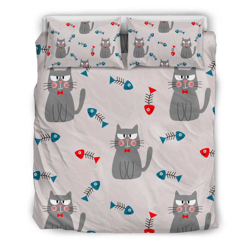 Cute Cat Fishbone Seamless Background Illustration Bedding Set - Top Content | POD Collection | Free Shipping