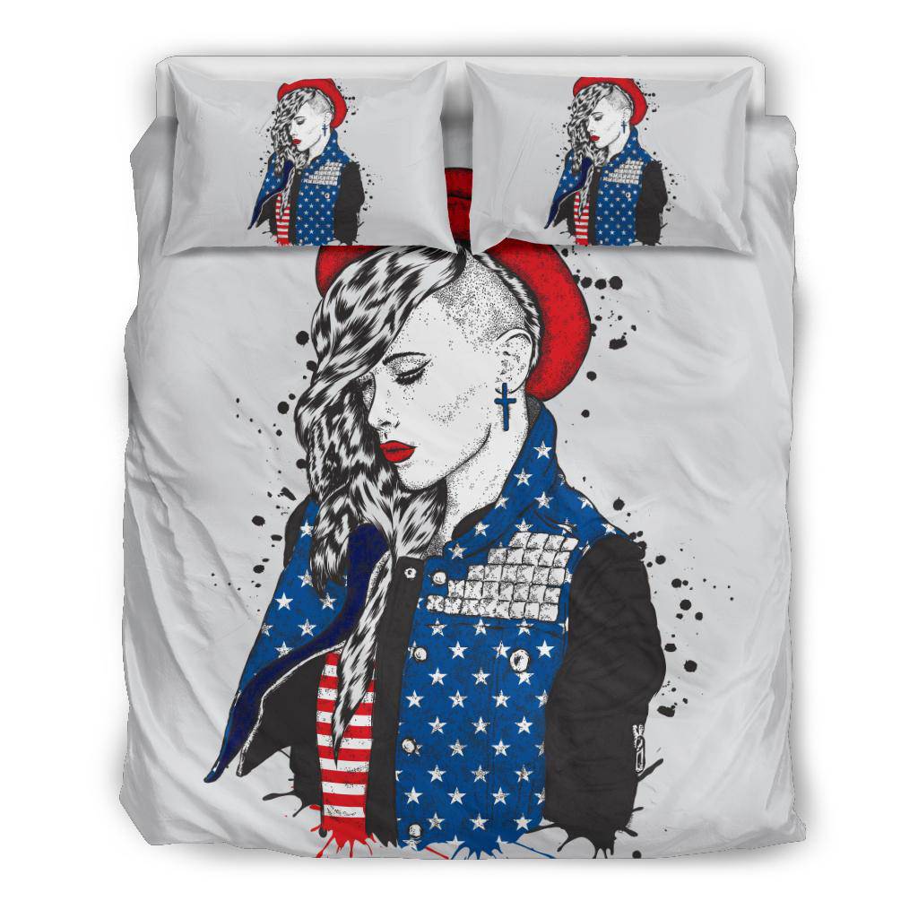 Beautiful Girl Hand Drawing USA Flag Bedding Set - Top Content | POD Collection | Free Shipping