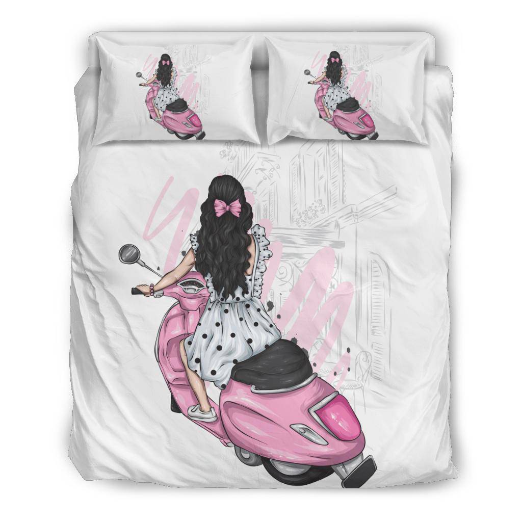 Beautiful Stylish Girl with Vintage Dress and Scooter Bedding Set - Top Content | POD Collection | Free Shipping