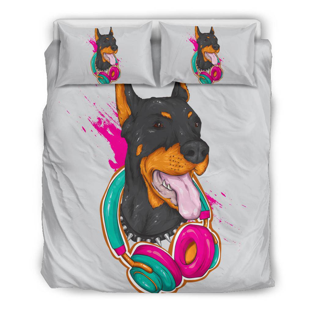 Doberman Cartoon Premium Blanket Cool Dog Wearing Headphones Bedding Set - Top Content | POD Collection | Free Shipping