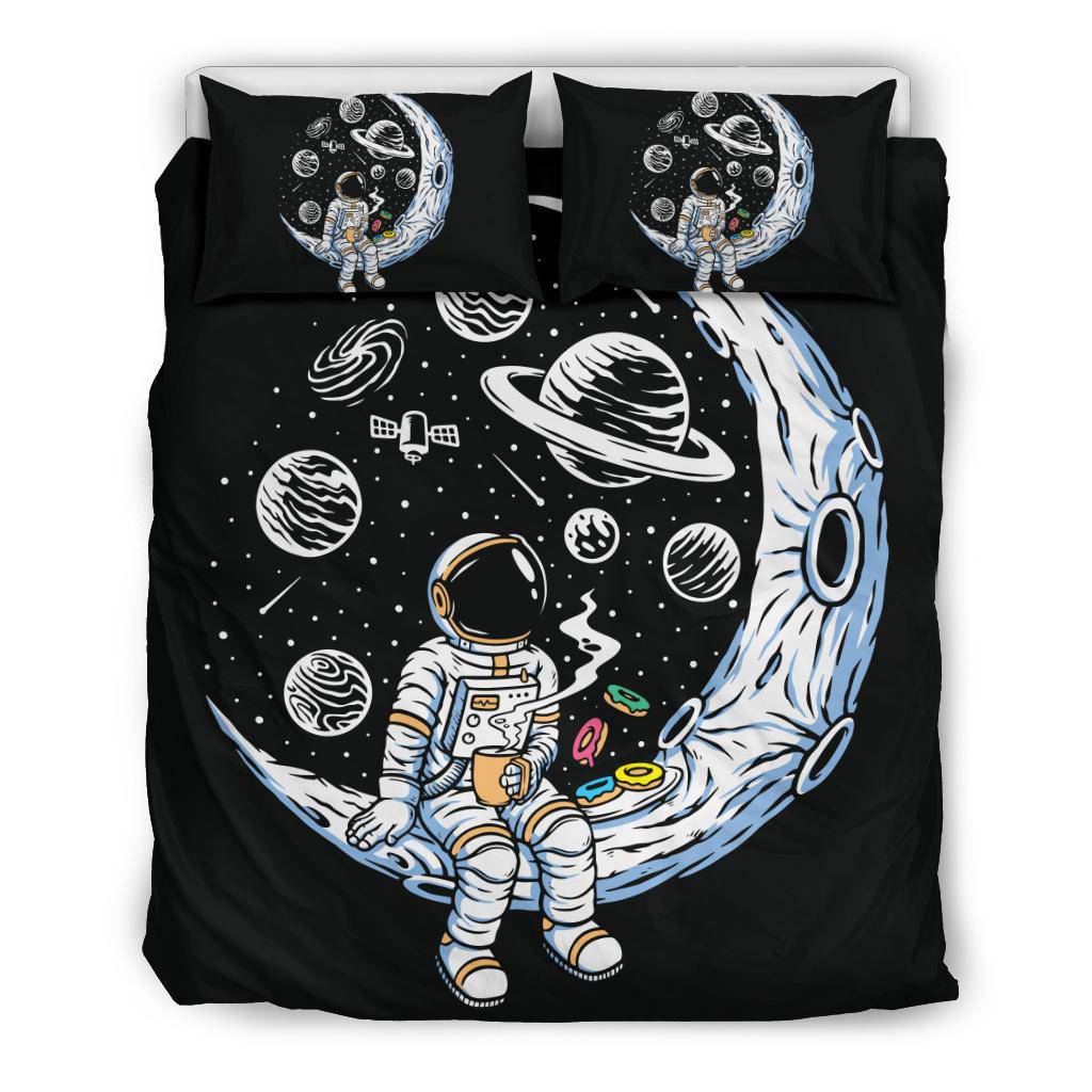 Moon Astronaut Drinking Coffee And Eating Doughnuts Bedding Set - Top Content | POD Collection | Free Shipping