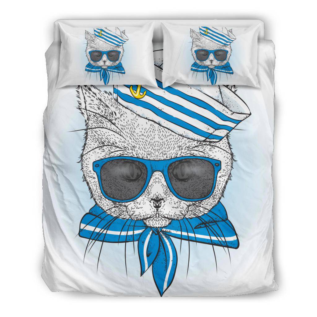 Sea Sailor Blue Suit Cat Portrait Illustration Bedding Set - Top Content | POD Collection | Free Shipping