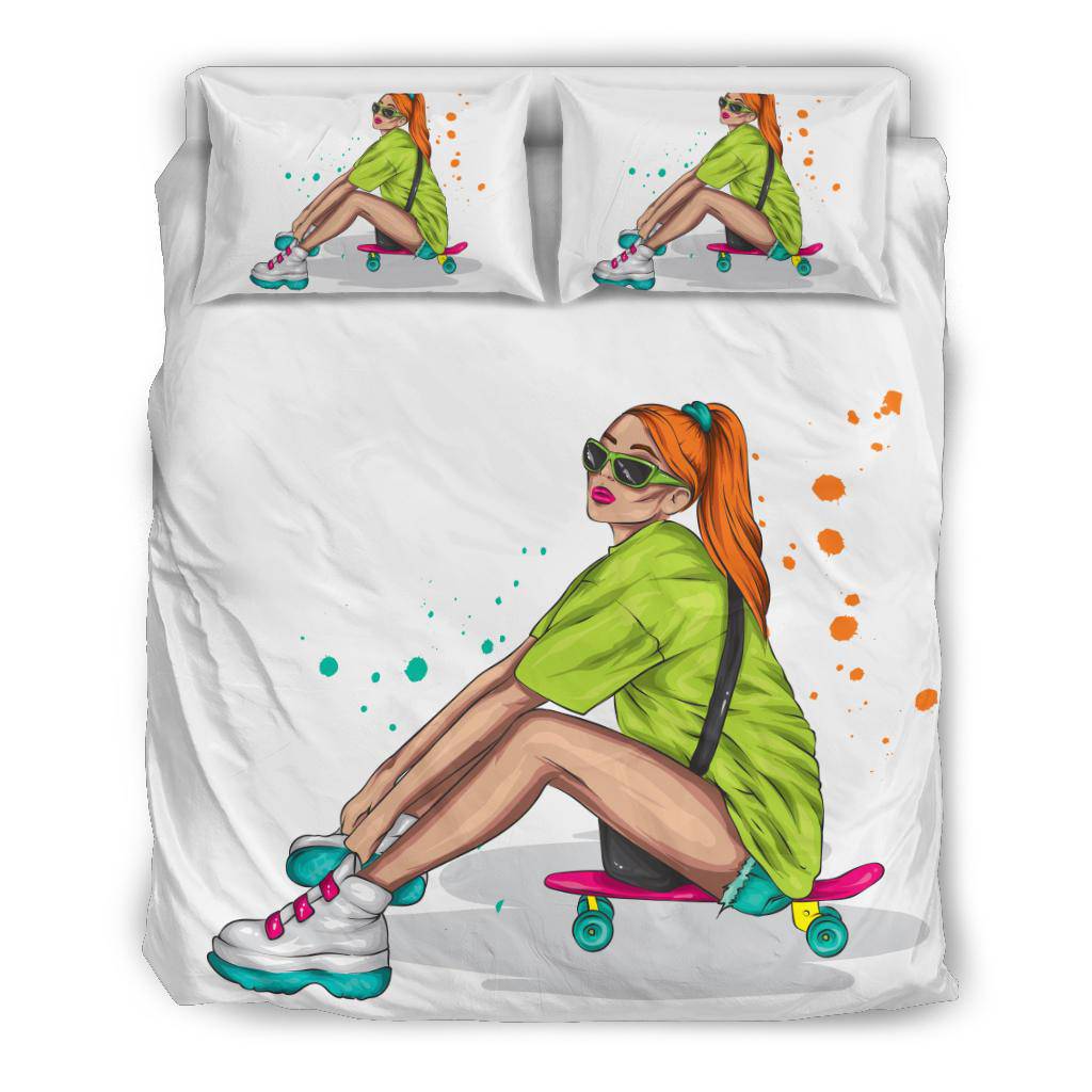 Stylish Beautiful Girl With Skateboard Illustration Bedding Set - Top Content | POD Collection | Free Shipping