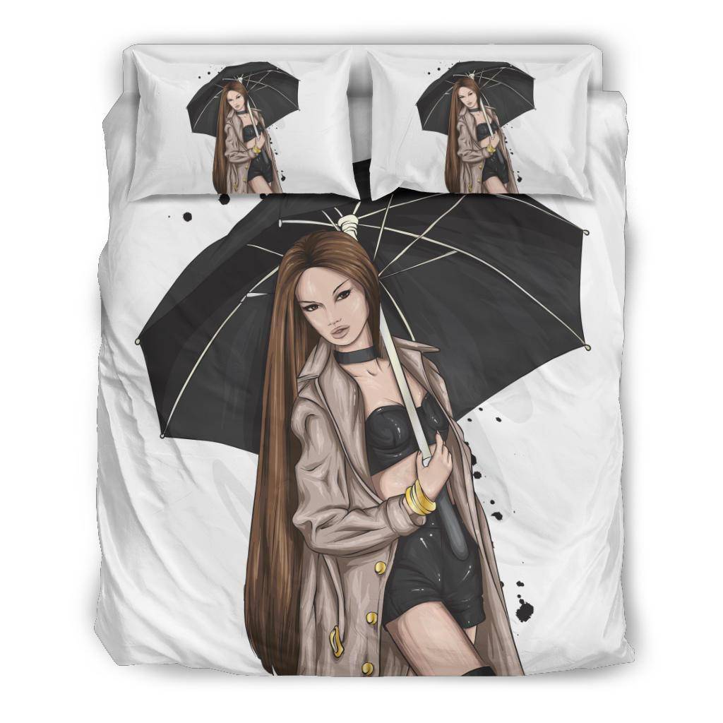 Stylish Brown Girl With Umbrella Cartoon Bedding Set - Top Content | POD Collection | Free Shipping