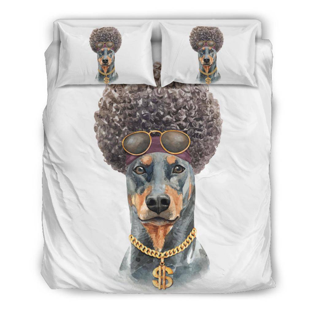 Funny Afro Doberman Bedding Set, Watercolor Dog Portrait Drawing - Top Content | POD Collection | Free Shipping