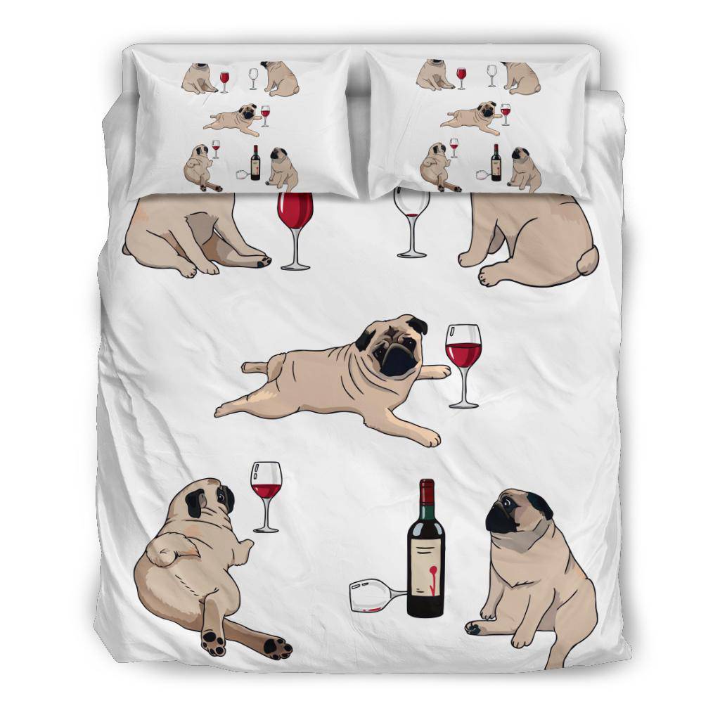 Funny Pug Posing With Bottle of Wine Cartoon Style Bedding Set - Top Content | POD Collection | Free Shipping