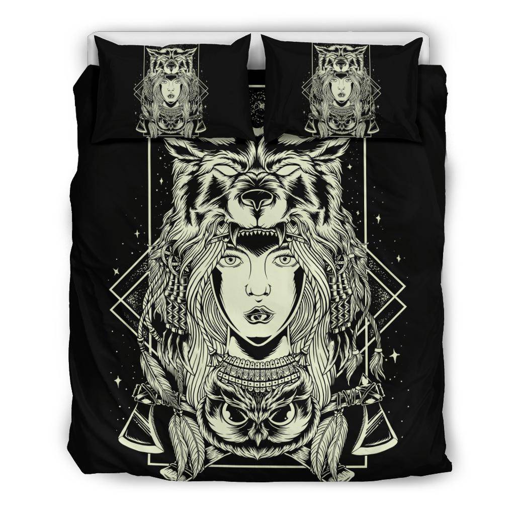 Hand Drawing Chief Women Wolf Head Illustration Bedding Set - Top Content | POD Collection | Free Shipping