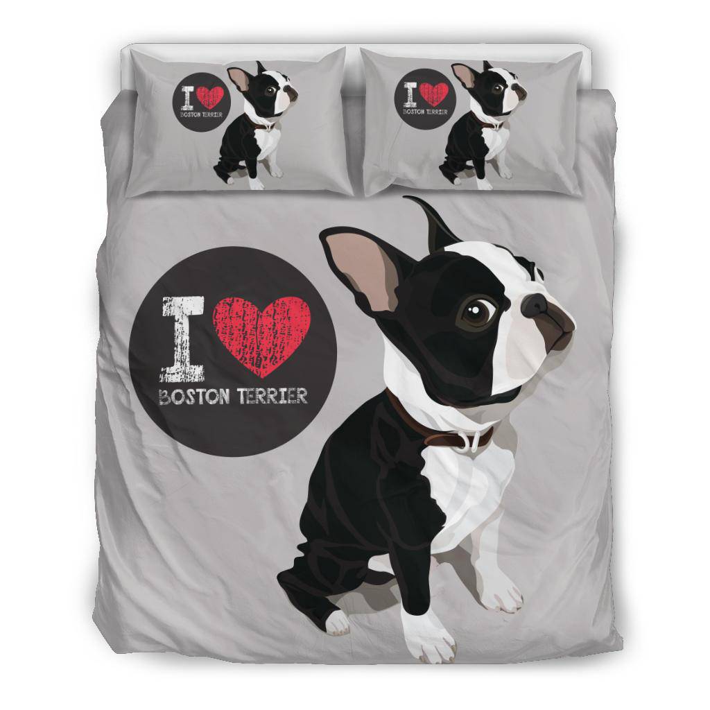 I Love Boston Terrier, Dog Cartoon Illustration Bedding Set - Top Content | POD Collection | Free Shipping