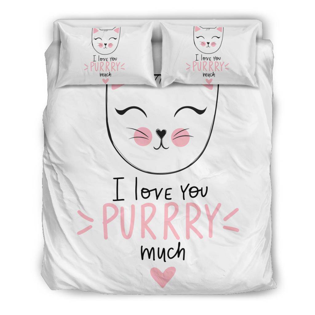 Cute Cat Drawing Illustration Quote Bedding Set, I Love You Purry Much - Top Content | POD Collection | Free Shipping