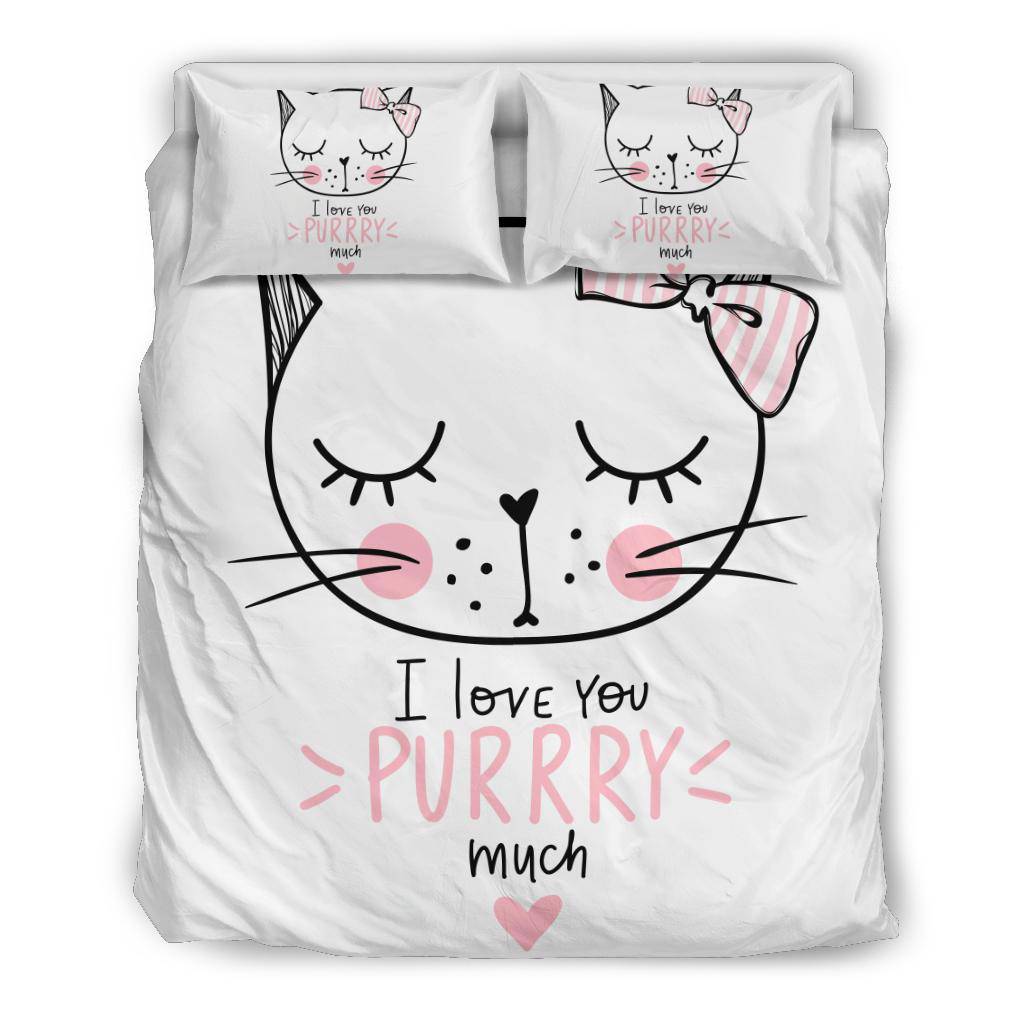 Cute Pink Cat Cartoon Drawing Bedding Set, I Love You Purrry Much - Top Content | POD Collection | Free Shipping