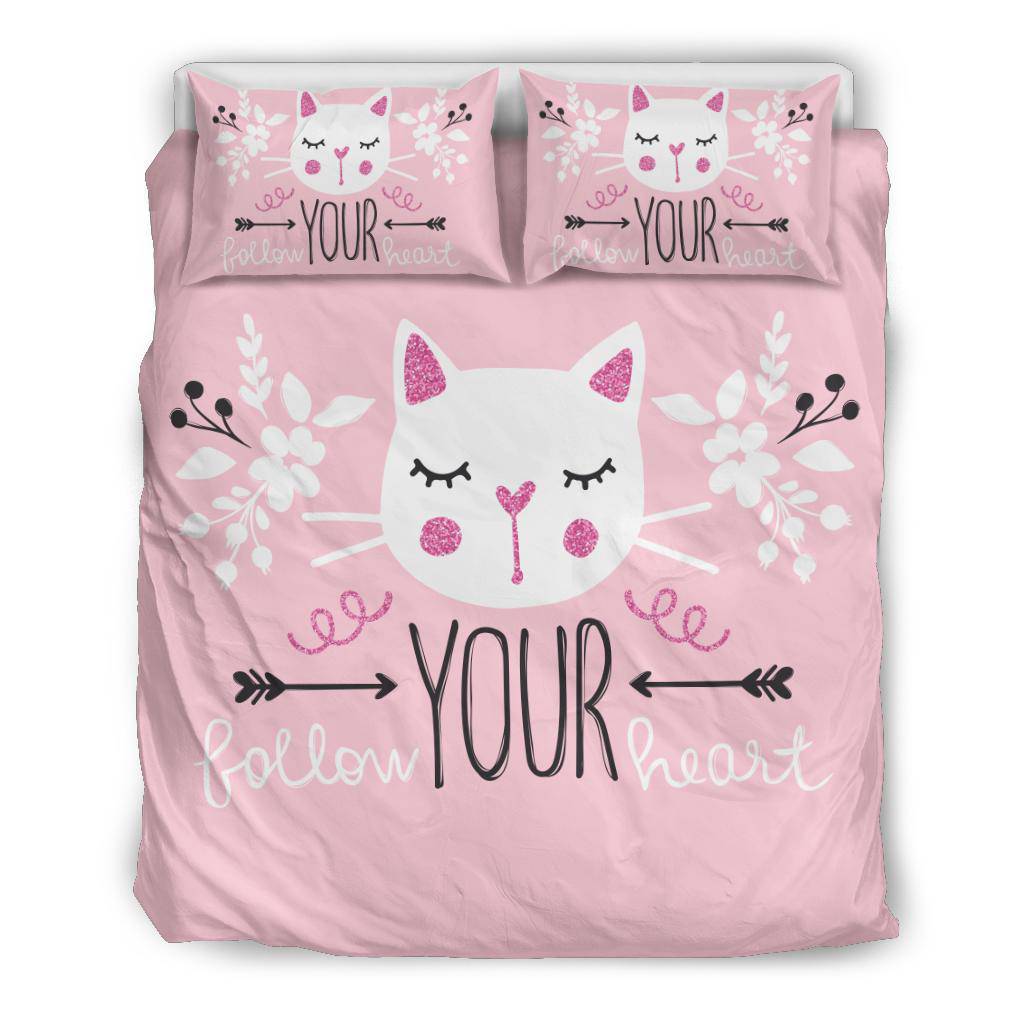 Girly Cute Cat Vector Illustration Bedding Set, Follow Your Heart - Top Content | POD Collection | Free Shipping