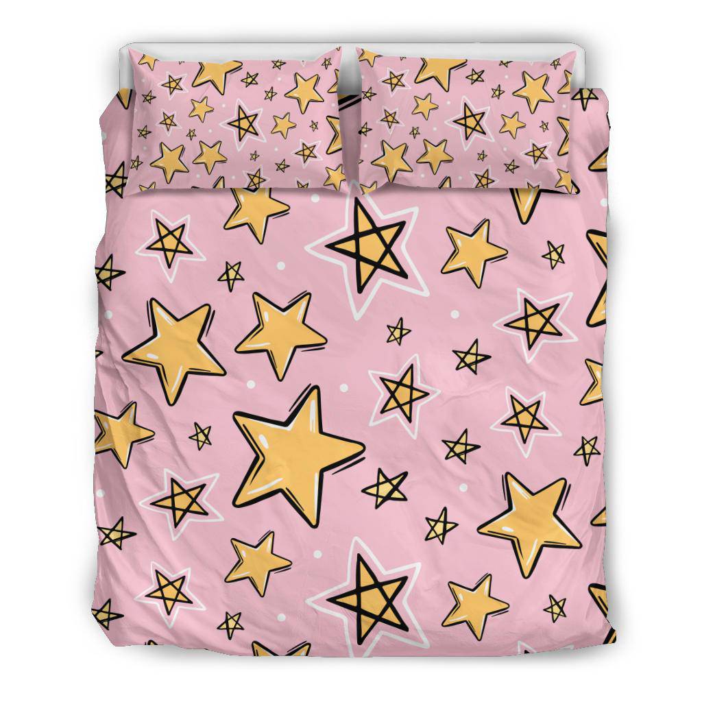 Hand Drawn Yellow Stars, Pink Seamless Pattern Bedding Set - Top Content | POD Collection | Free Shipping