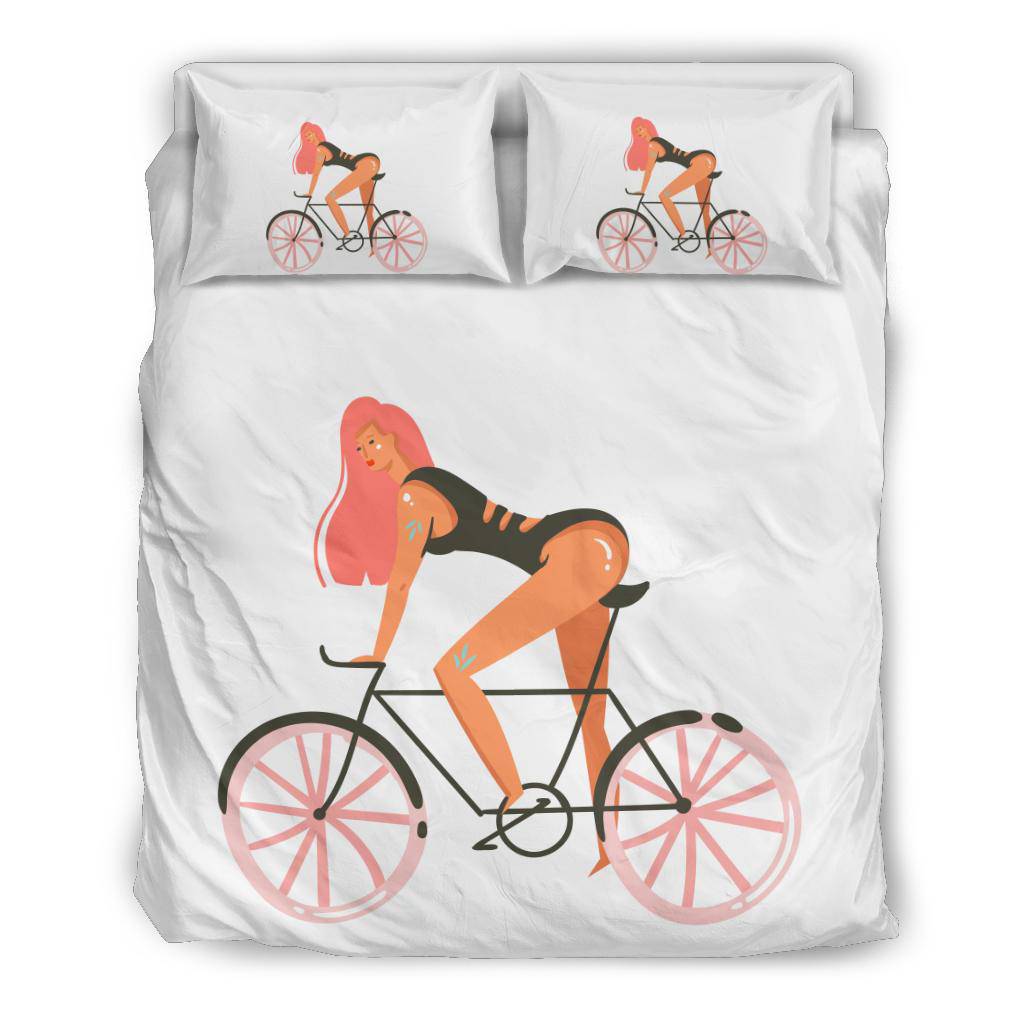 Hand Drawn Cartoon Girl with Bicycle Summer Vibes Bedding Set - Top Content | POD Collection | Free Shipping