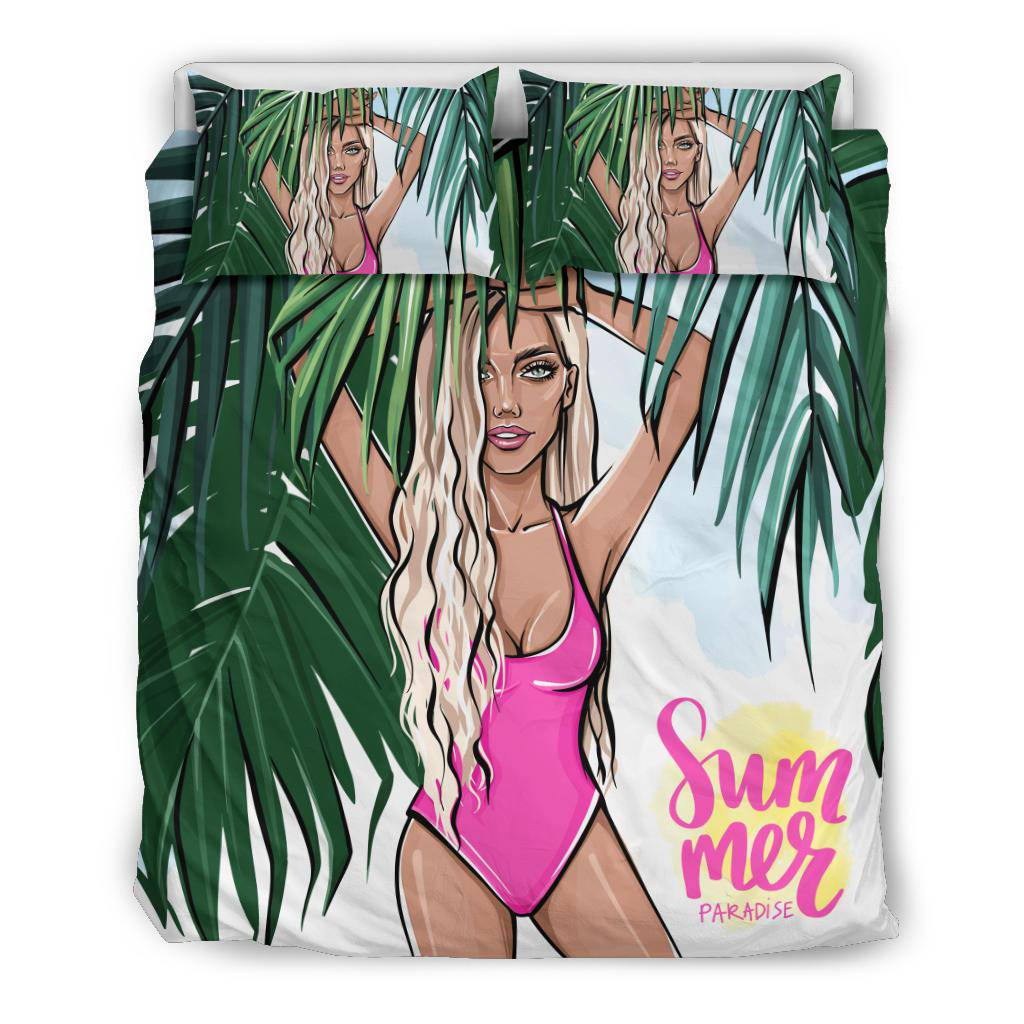 Summer Blonde Girl Bedding Set, Beach Vibes, Palm Leaves Cartoon - Top Content | POD Collection | Free Shipping