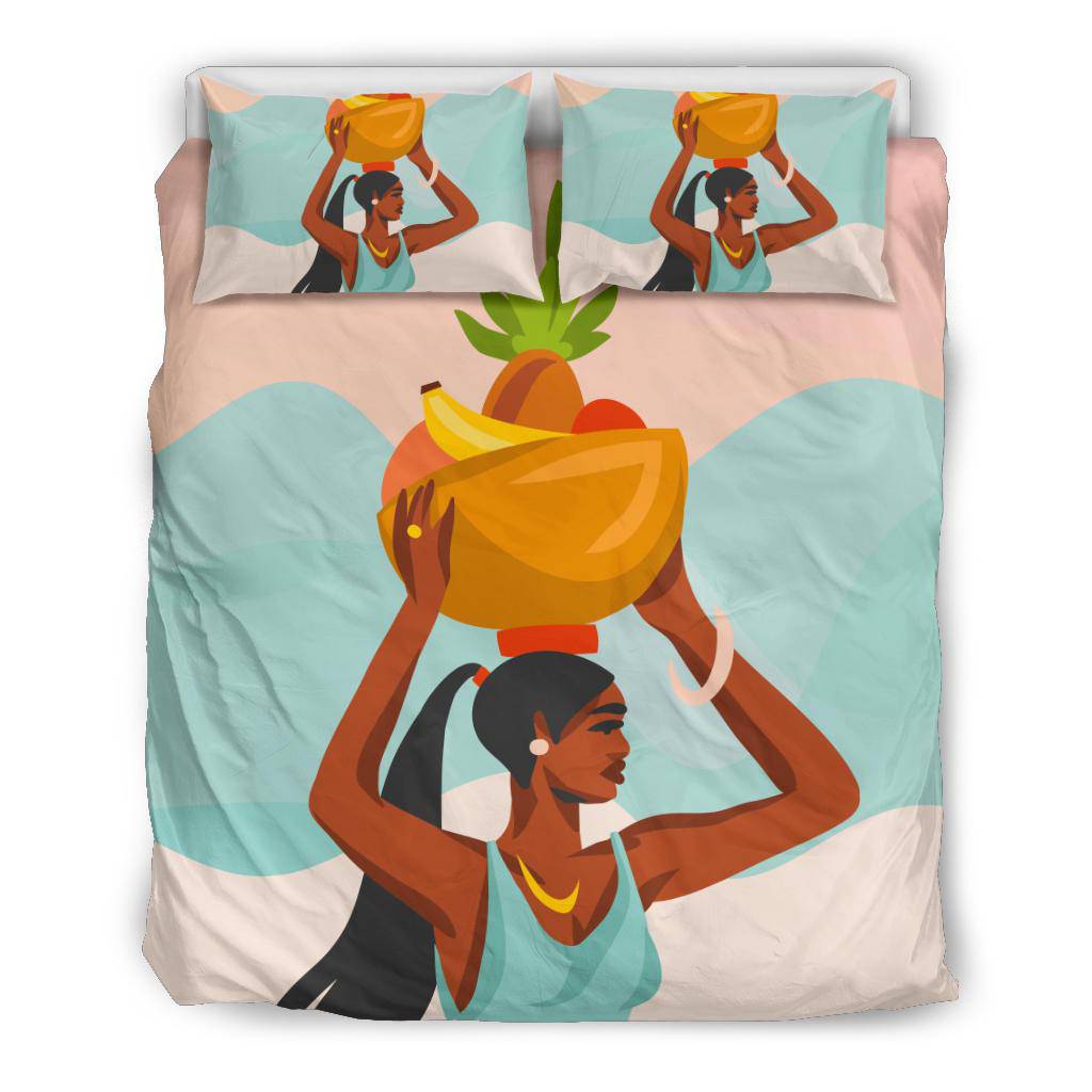 Young Female Carries Basket with Fruits on her Head, Hand Drawn Bedding Set - Top Content | POD Collection | Free Shipping