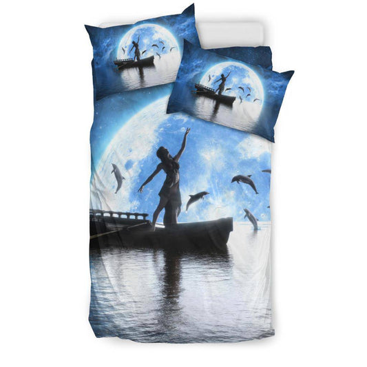 Dancing Woman Dolphins Moon Night Sky Sea Bedding Set - Top Content | POD Collection | Free Shipping