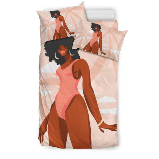 Hand Drawn Afro American Woman Bikini Beach Palms Bedding Set - Top Content | POD Collection | Free Shipping