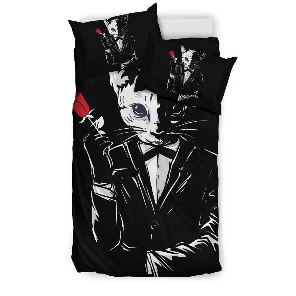 Mafia Gangster Cat Holding Red Rose Black Bedding Set - Top Content | POD Collection | Free Shipping