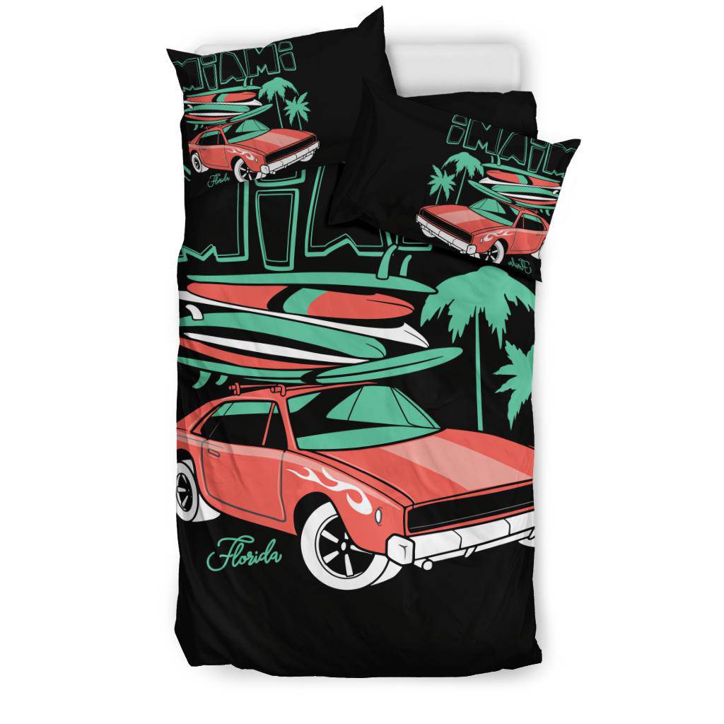 Miami City Red Car Palms Surfing Bedding Set - Top Content | POD Collection | Free Shipping