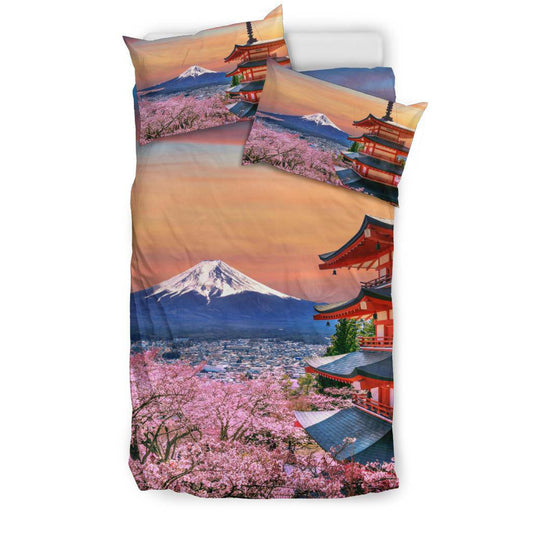 Cherry Blossoms Fuji Japan Sunset Bedding Set - Top Content | POD Collection | Free Shipping