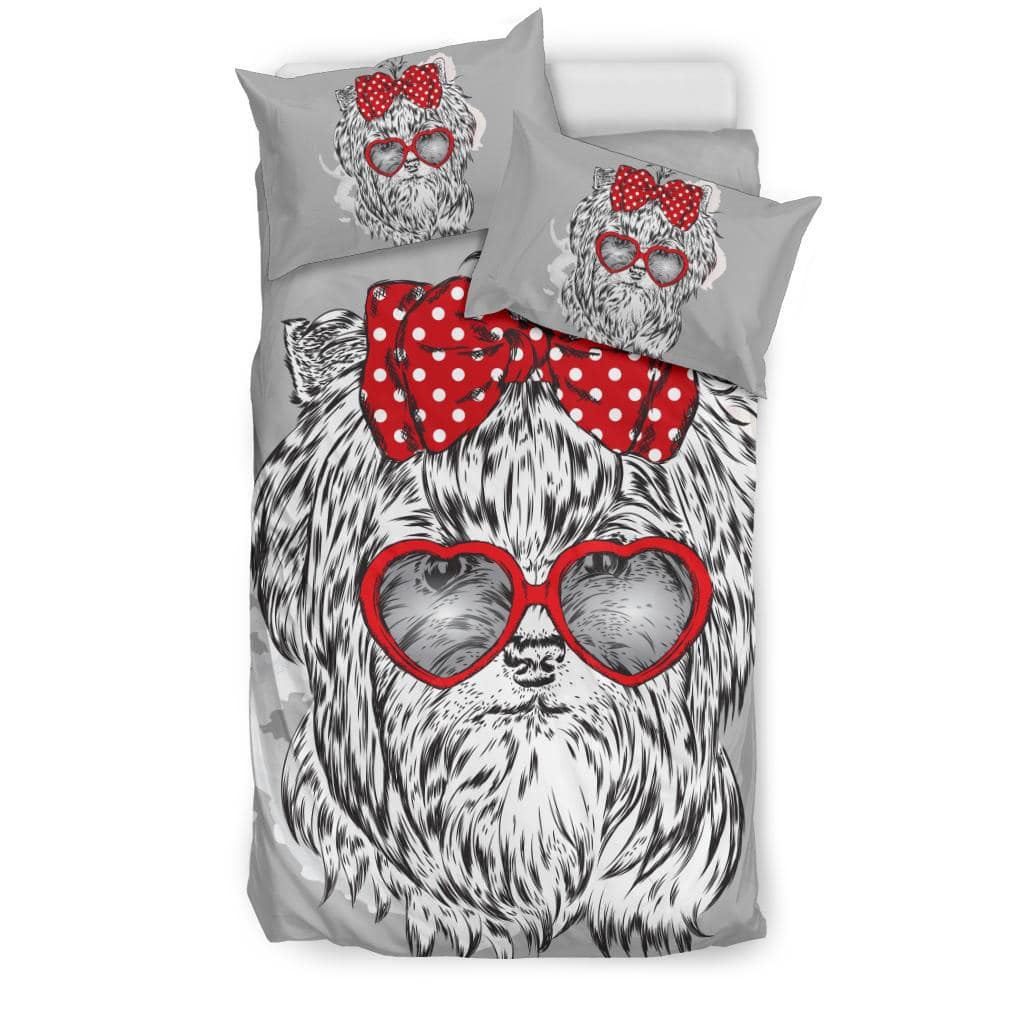 Cute Red Ribbon Yorkshire Terrier With Heart Glasses Bedding Set - Top Content | POD Collection | Free Shipping