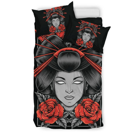 Geisha With Rose Flowers Cartoon Bedding Set - Top Content | POD Collection | Free Shipping