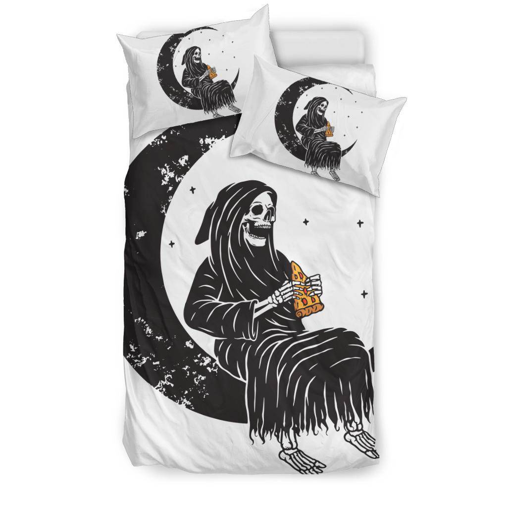 Skull Moon Grim Reaper Eating Pizza Funny Cartoon Bedding Set - Top Content | POD Collection | Free Shipping